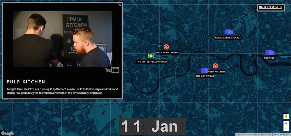 Interface of The Temporal City: animated map on which the clips appear making the spatiotemporality of pop-up culture experiential