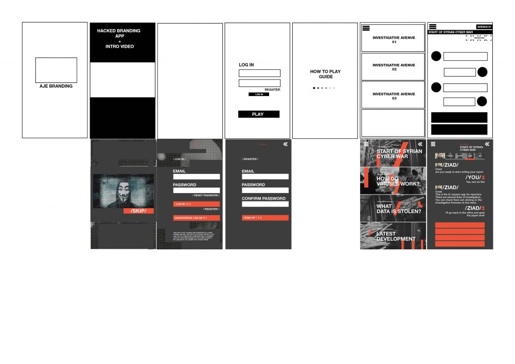 An early wireframe of #Hacked with below its first designed screens